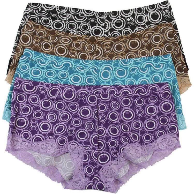Women's Pack of 4 Boyshorts in Linked Print with Lace