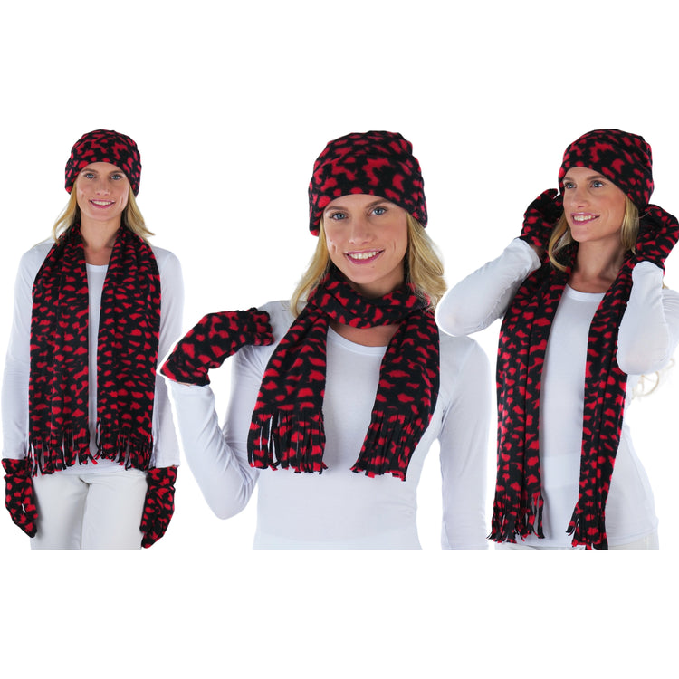 Women’s 3-Piece Fleece Polyester Animal Print Scarf, Gloves & Hat