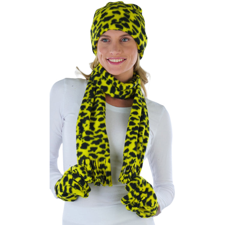 Women’s 3-Piece Fleece Polyester Animal Print Scarf, Gloves & Hat