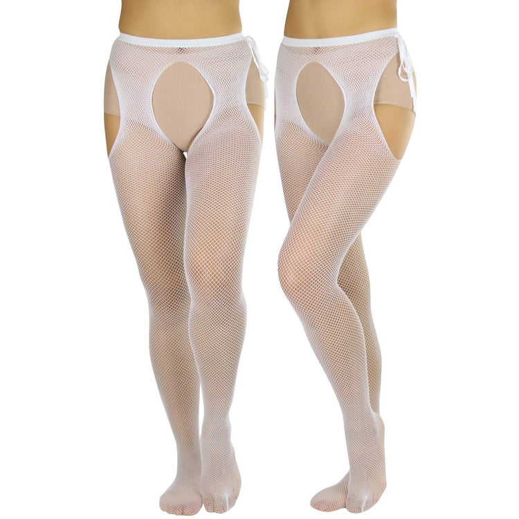 Women's Sheer Pantyhose With Fishnet Suspender And Tie Bow