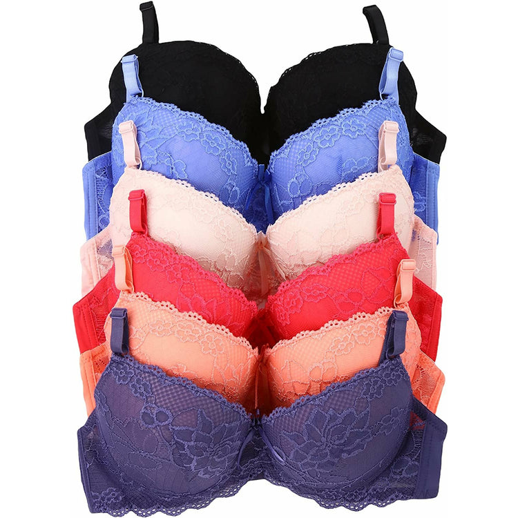 Women's Pack of 6 Floral Lace Overlaid Bras with Scalloped Lace Trim