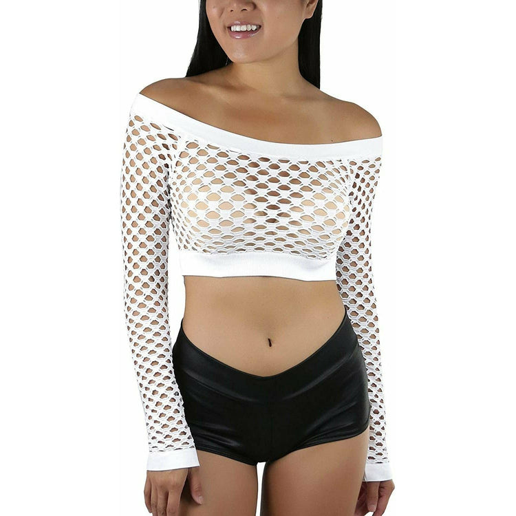 ToBeInStyle Women Stretch Fishnet Long Sleeve Rave See-Through Novelty Crop Top