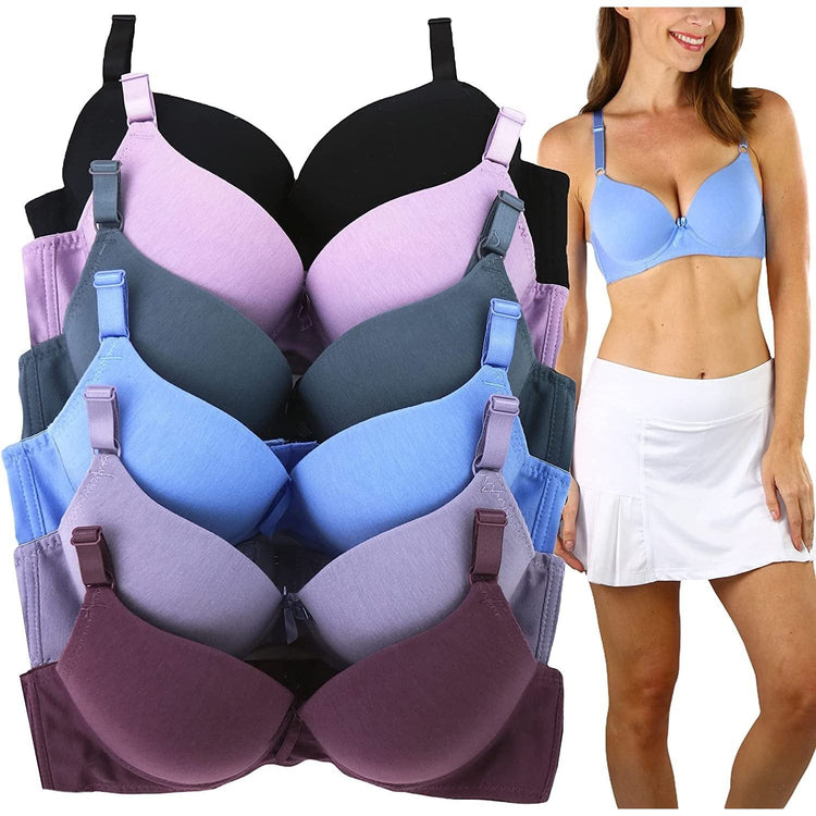 ToBeInStyle Women's Pack of 6 Heathered Cotton Push Up Purple Assorted Bras