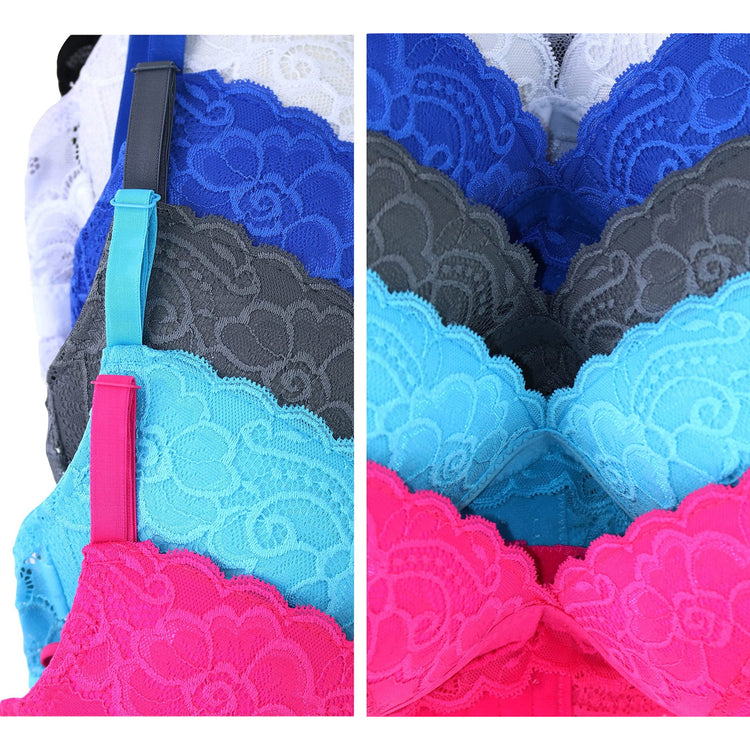 Women's Pack of 6 Padded Bras with Lace Trim Detail and Triangle Back Straps