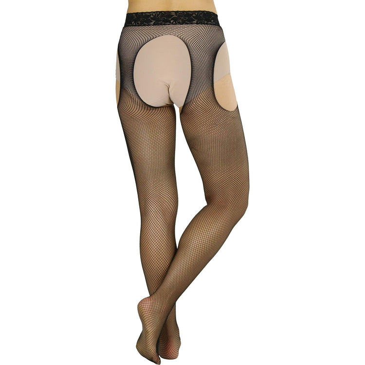 Women's Tights With Fishnet Suspender And Lace Waist