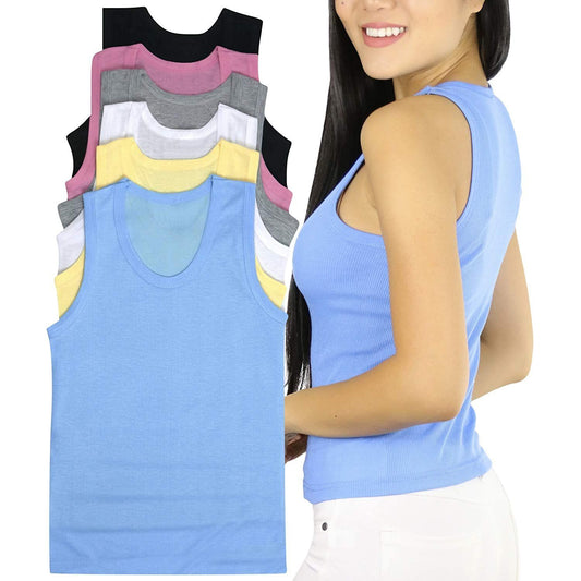 Women’s Pack of 6 100% Cotton Ribbed Layering Scoop Neck Tank Tops