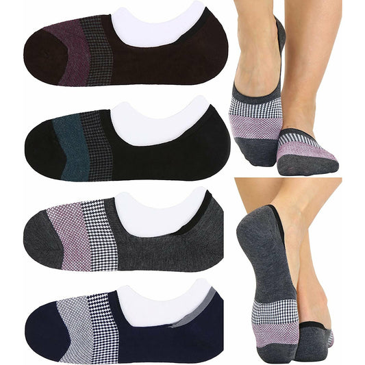 Unisex Pack of 4 Patterned Laser Cut No Show Socks with Heel Grip