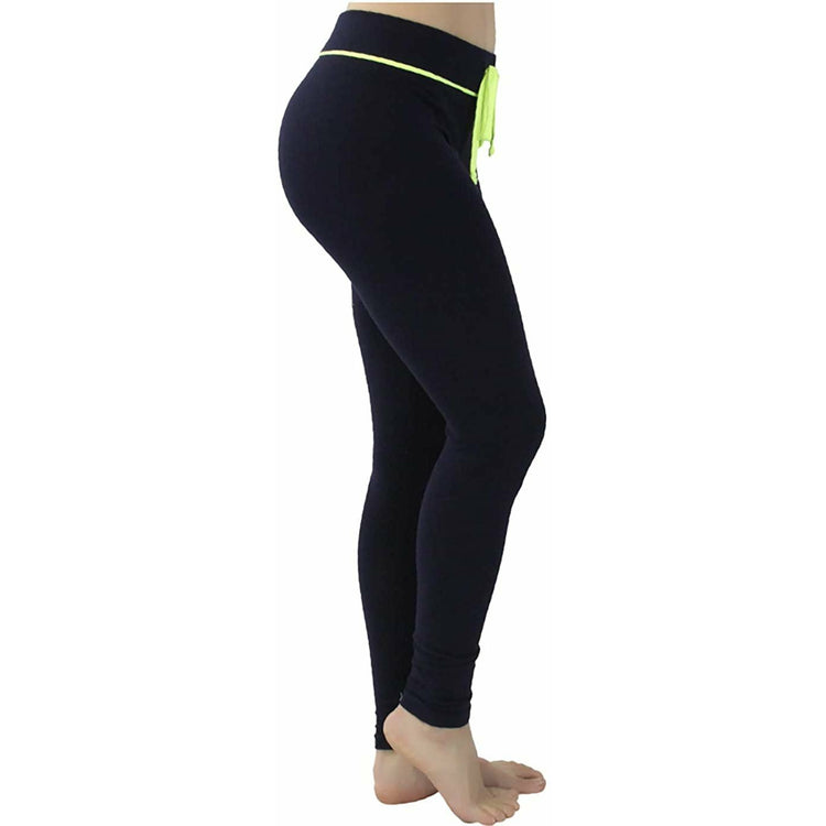 Women's Soft Knit Yoga Cotton Skinny Fit Full Length Leggings Tights w/ Drawstring Contrast