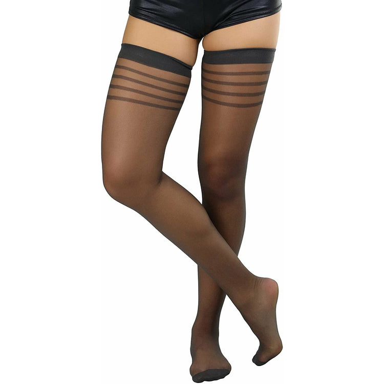 Women’s Pack of 6 Top Stripe Band Sheer Thigh High Stockings