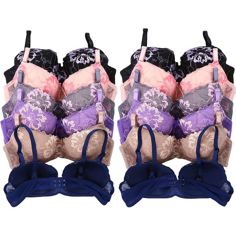 ToBeInStyle Women's Pack of 6 Floral Lace Overlay Bras with Removable Straps