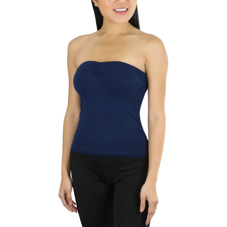 Women's Straight Neckline Ruched Basic Solid Knit Tube Top